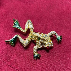 Gold Crystal Frog Brooch with Green Enamel Accents